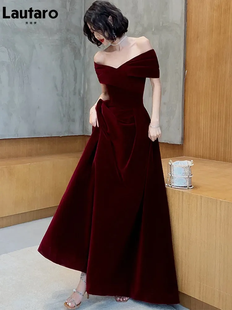 Lautaro Spring Long Luxury Elegant Wine Red Soft Velvet Evening Party Wedding Dress