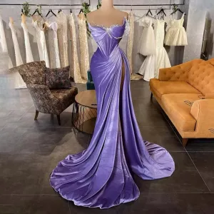 Lavender Elegant Velvet Prom Dresses Dubai Arabic Mermaid Women Party Gowns Pleated High Split Sexy Formal Evening Gowns