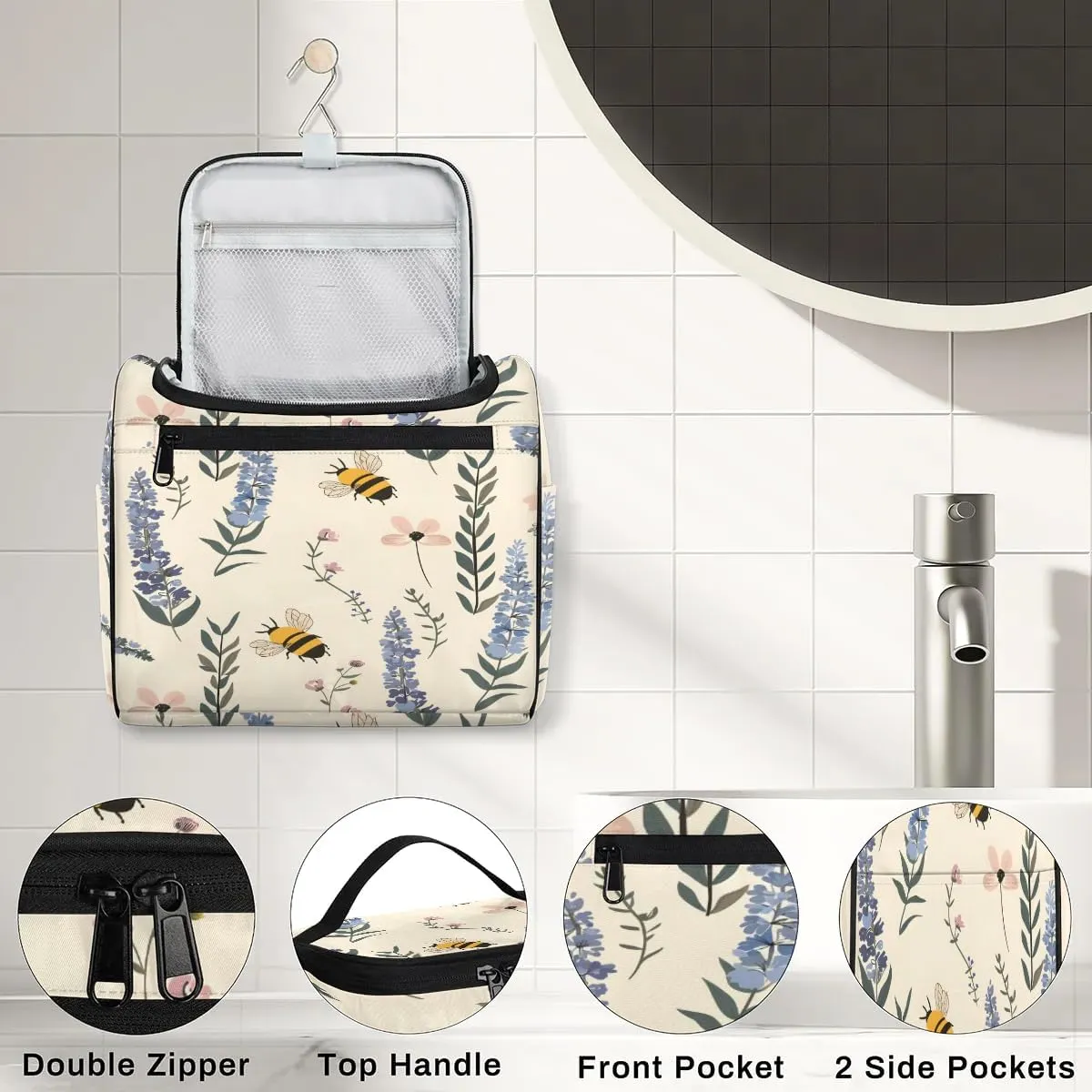 Lavender Flower Toiletry Bag for Women and Men, Hanging Travel Makeup Bag, bee Floral Travel Toiletry Organizer Bag, Makeup Organizer Bag for Cosmetics