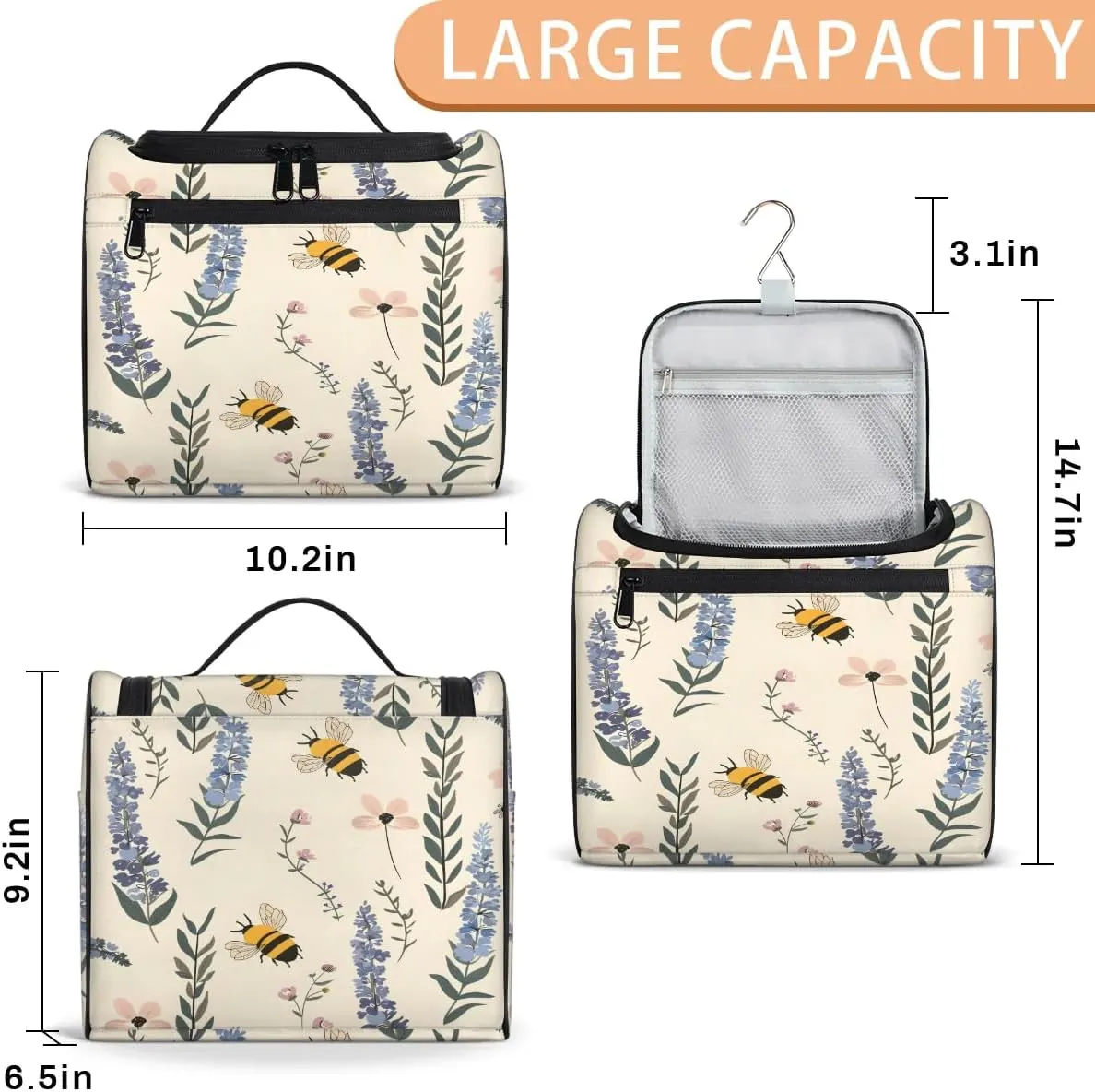 Lavender Flower Toiletry Bag for Women and Men, Hanging Travel Makeup Bag, bee Floral Travel Toiletry Organizer Bag, Makeup Organizer Bag for Cosmetics