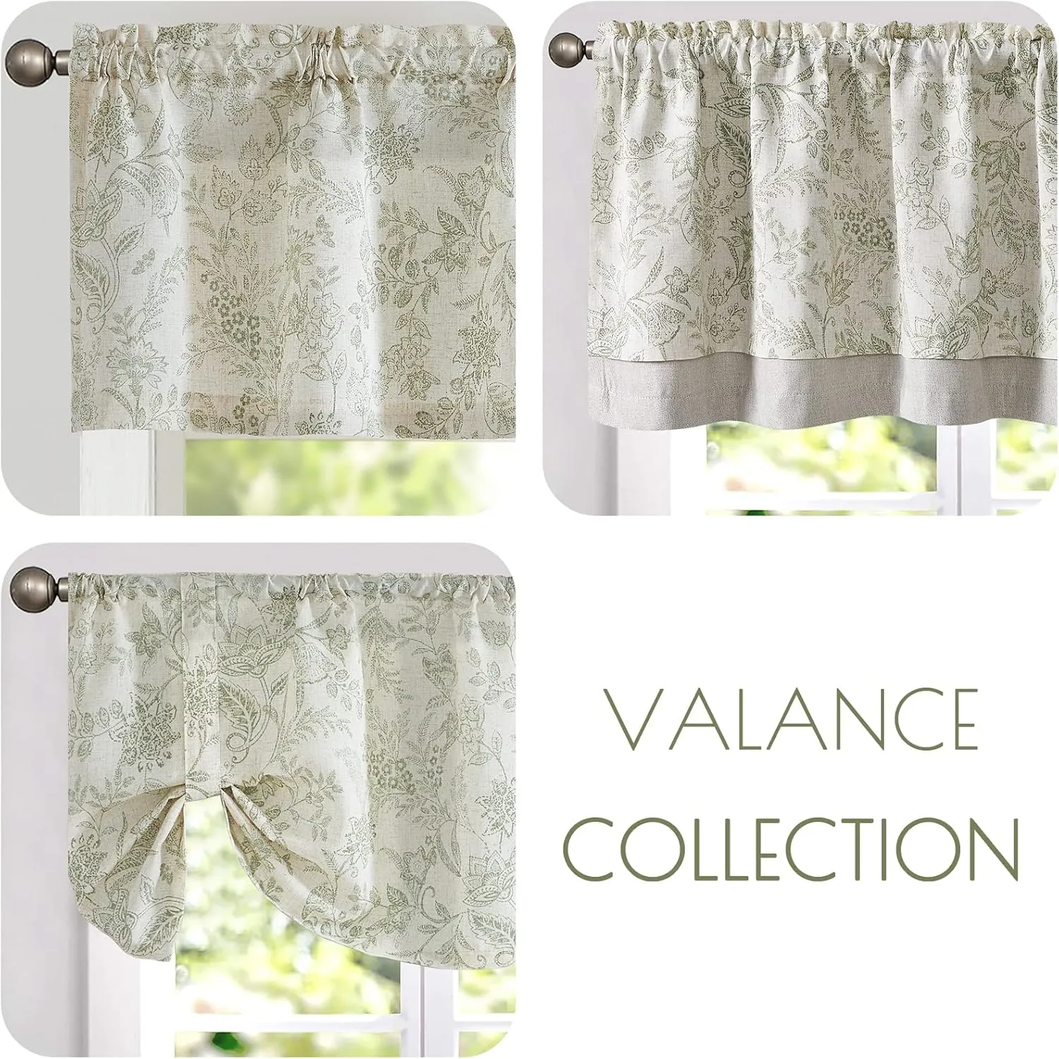 Lazzzy Kitchen Valance for Windows Thermal Insulated Blackout Curtain Farmhouse Floral Print Faux Linen RV Camper Curtain Valance for Kitchen Basement Bathroom Double Layer 18 Inch Green on Beige