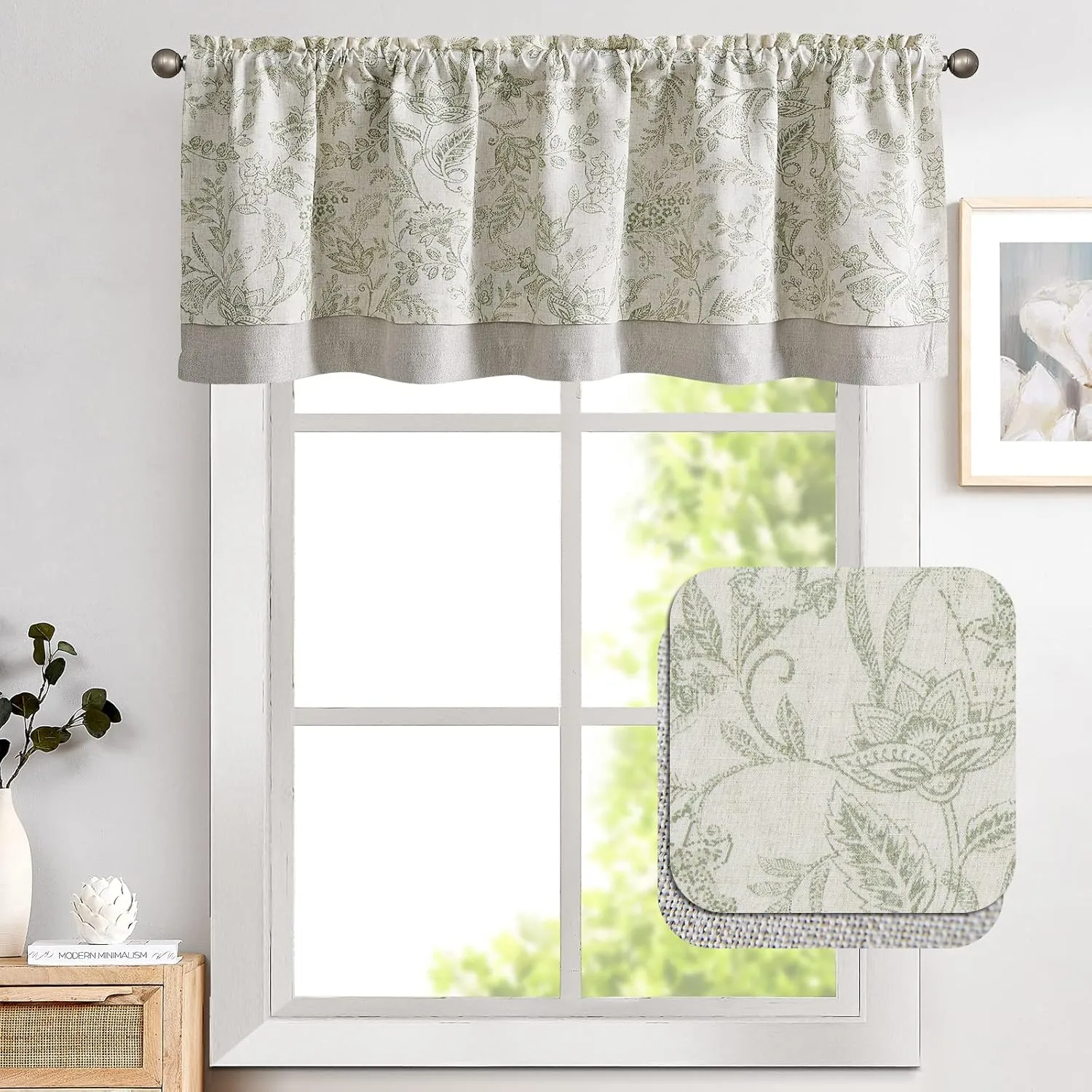 Lazzzy Kitchen Valance for Windows Thermal Insulated Blackout Curtain Farmhouse Floral Print Faux Linen RV Camper Curtain Valance for Kitchen Basement Bathroom Double Layer 18 Inch Green on Beige
