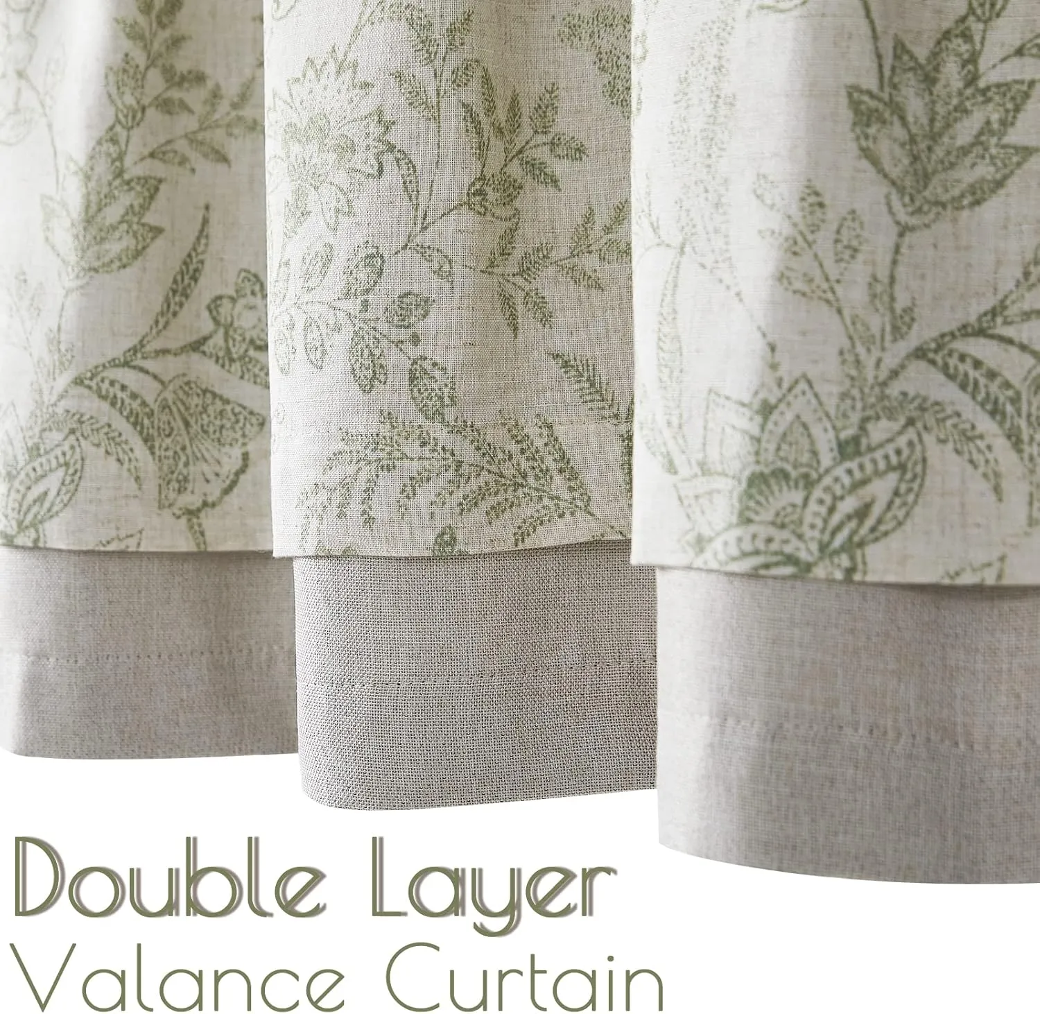 Lazzzy Kitchen Valance for Windows Thermal Insulated Blackout Curtain Farmhouse Floral Print Faux Linen RV Camper Curtain Valance for Kitchen Basement Bathroom Double Layer 18 Inch Green on Beige