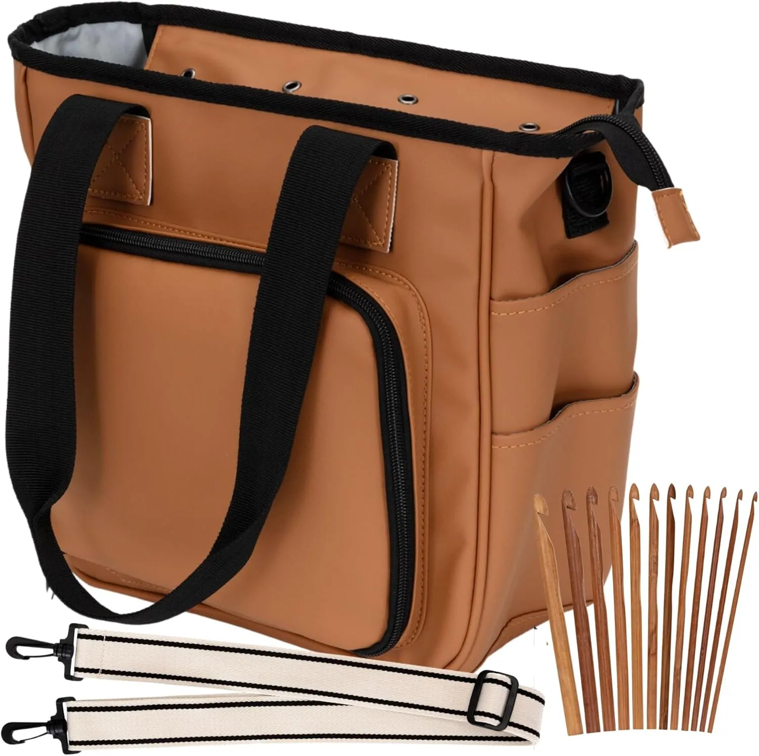 Leather Crochet Bag Backpack - Travel Knitting Bag Project Organizer Totes has Detachable Strap, 12 Wooden Hooks, 12 Skeins of 25g Yarn Storage Pocket & Grommets for Crocheting On the Go