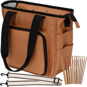Leather Crochet Bag Backpack - Travel Knitting Bag Project Organizer Totes has Detachable Strap, 12 Wooden Hooks, 12 Skeins of 25g Yarn Storage Pocket & Grommets for Crocheting On the Go