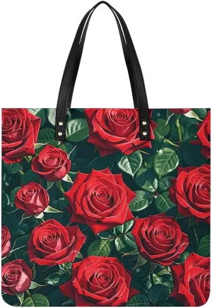 Leather Handbags Fallow Red Rose Romantic Printing Leather Purse Portable Tote Purse For Women