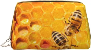 Leather Makeup Bag, Bees on Hive Honeycomb Cosmetic Bags Travel Toiletry Bag for Women, Make up Bag, Large Capacity Makeup Bag Organizer, Cute Makeup Pouch Makeup Case