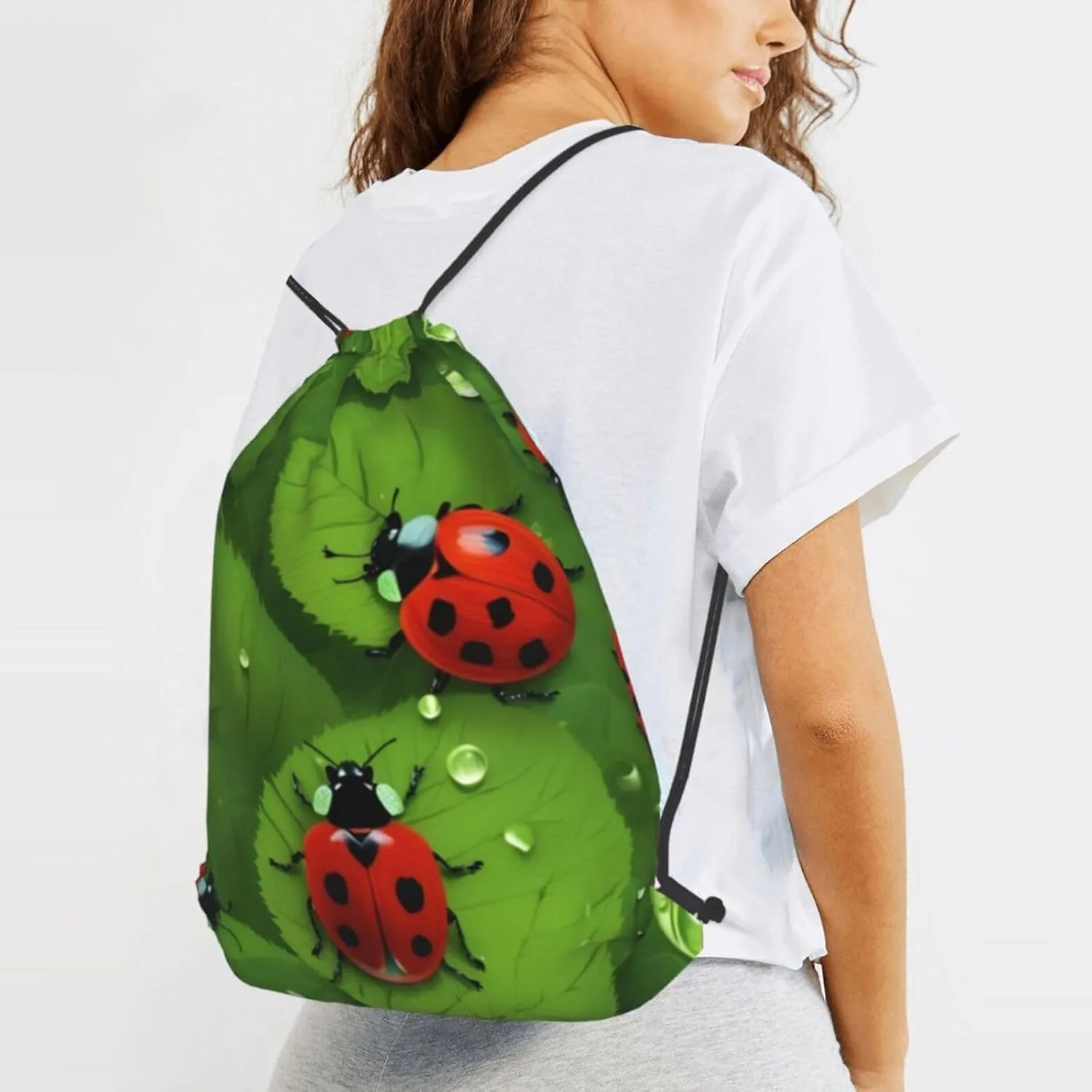 Leaves And Ladybugs Drawstring Cinch Backpack Polyester Sack Pack String Bag For Hiking Camping Adventure