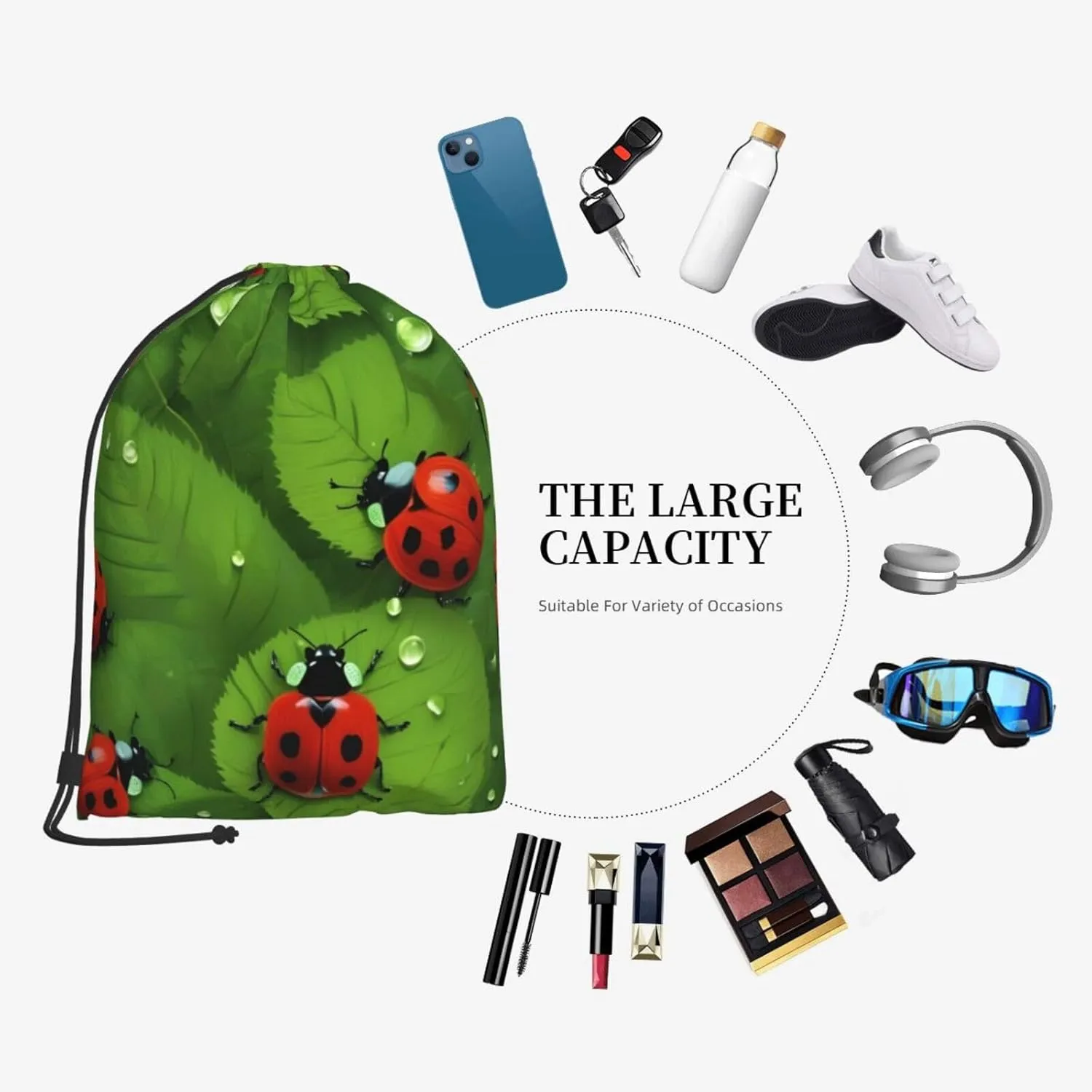 Leaves And Ladybugs Drawstring Cinch Backpack Polyester Sack Pack String Bag For Hiking Camping Adventure