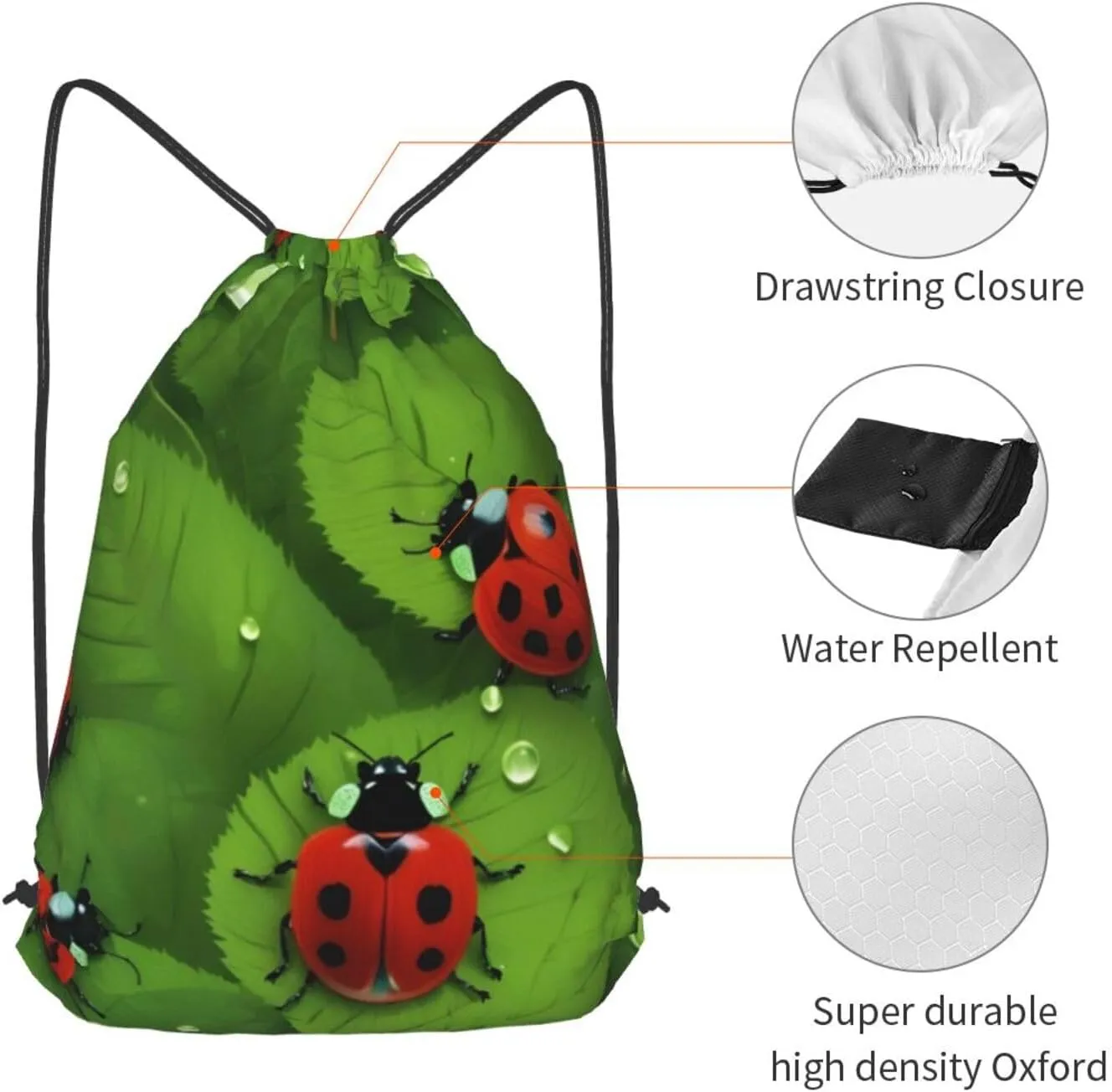 Leaves And Ladybugs Drawstring Cinch Backpack Polyester Sack Pack String Bag For Hiking Camping Adventure