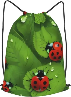 Leaves And Ladybugs Drawstring Cinch Backpack Polyester Sack Pack String Bag For Hiking Camping Adventure