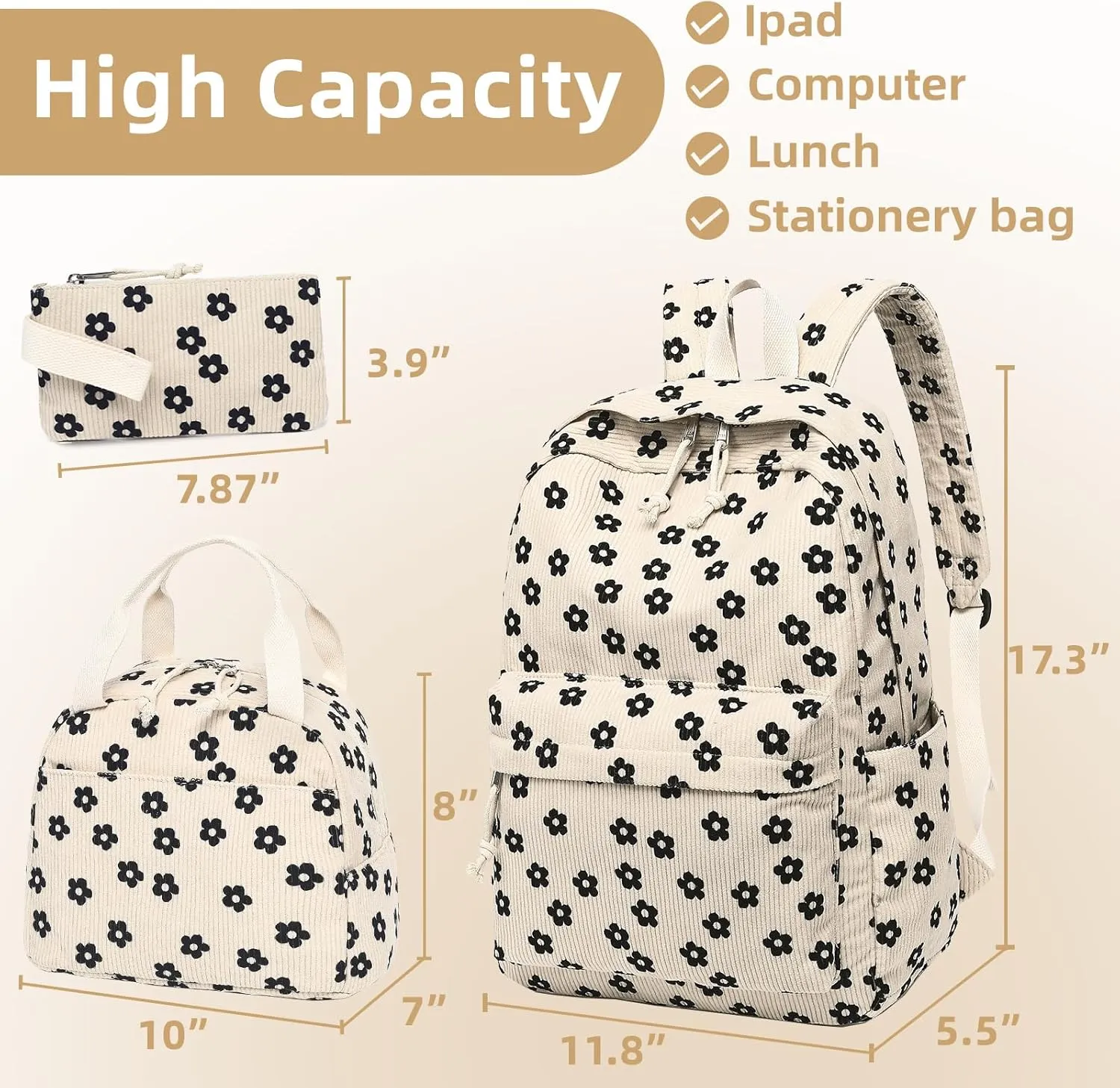 LEDAOU Backpack for Girls School Bag Kids Bookbag Teen Backpack Set Daypack with Lunch Bag and Pencil Case