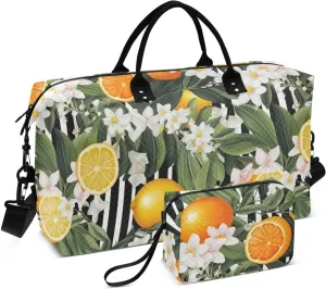 Lemons Flora Leave Stripe Sports Gym Bag for Women Men Travel Duffel Bag Weekend Overnight Carry on Bag with Toiletry Bag Yoga Bag for Plane Hospital Workout Swimming Yoga