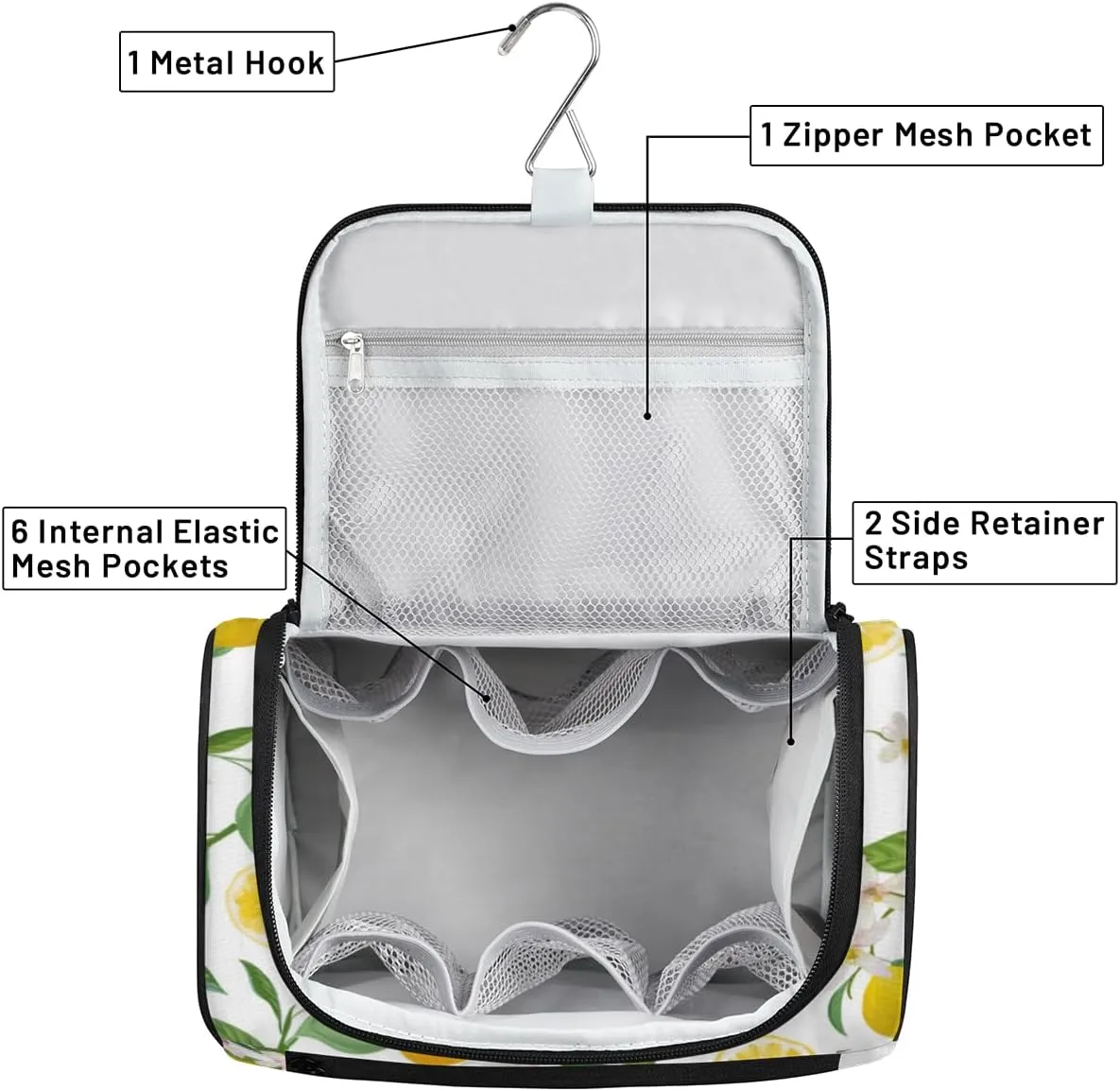 Lemons Pattern Hanging Toiletry Bag for Men Women Travel Cosmetic Makeup Organizer Bag Water Resistant Large Portable Wash Case for Accessories, Toiletries, Cosmetics