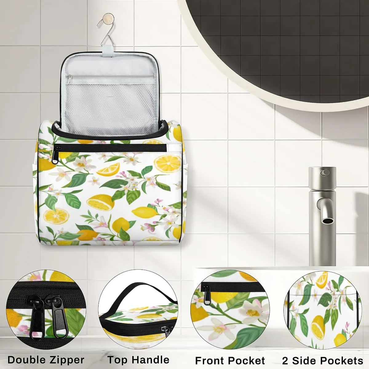 Lemons Pattern Hanging Toiletry Bag for Men Women Travel Cosmetic Makeup Organizer Bag Water Resistant Large Portable Wash Case for Accessories, Toiletries, Cosmetics