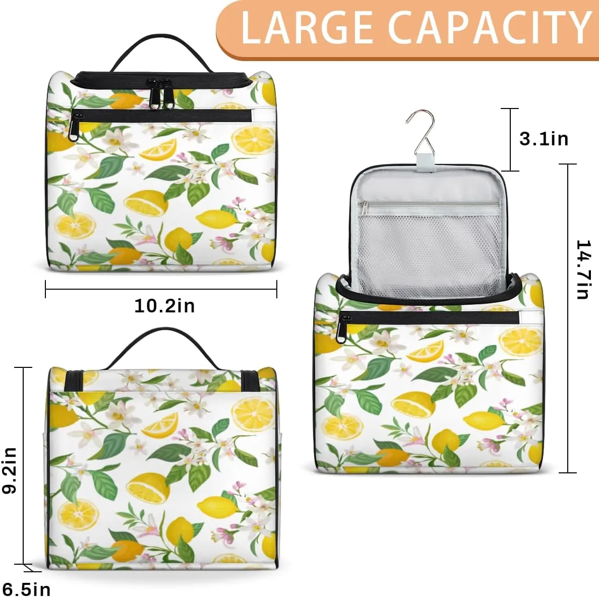 Lemons Pattern Hanging Toiletry Bag for Men Women Travel Cosmetic Makeup Organizer Bag Water Resistant Large Portable Wash Case for Accessories, Toiletries, Cosmetics
