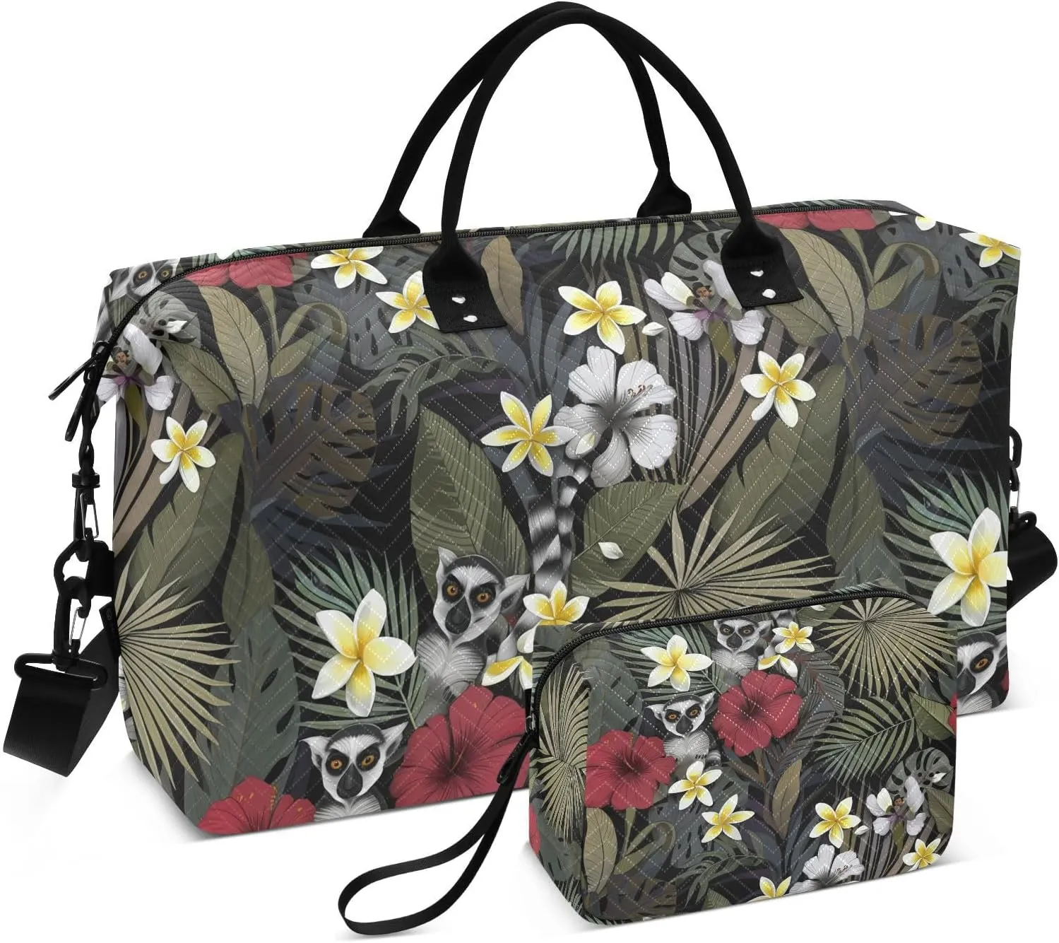 Lemur Hibiscus Dark Sports Gym Bag for Women Men Travel Duffel Bag Weekend Overnight Carry on Bag with Toiletry Bag Training Handbag for Hospital Plane Swimming Yoga Workout