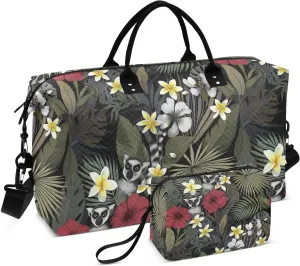 Lemur Hibiscus Dark Sports Gym Bag for Women Men Travel Duffel Bag Weekend Overnight Carry on Bag with Toiletry Bag Training Handbag for Hospital Plane Swimming Yoga Workout