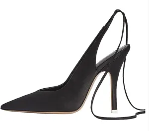 LEMUTISME Women's Sexy Pointed Toe Pumps Summer Lace-up Satin Stiletto High Heels Dressy Slingback Shoes for Party Evening