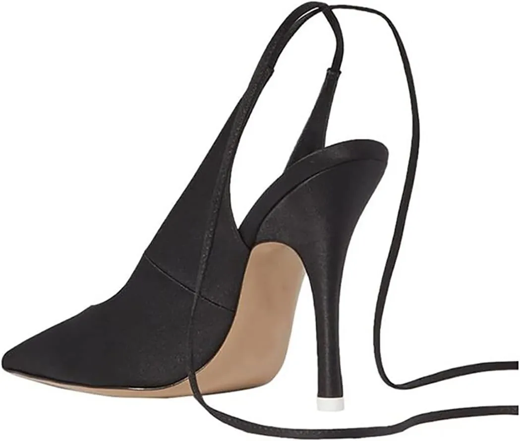LEMUTISME Women's Sexy Pointed Toe Pumps Summer Lace-up Satin Stiletto High Heels Dressy Slingback Shoes for Party Evening
