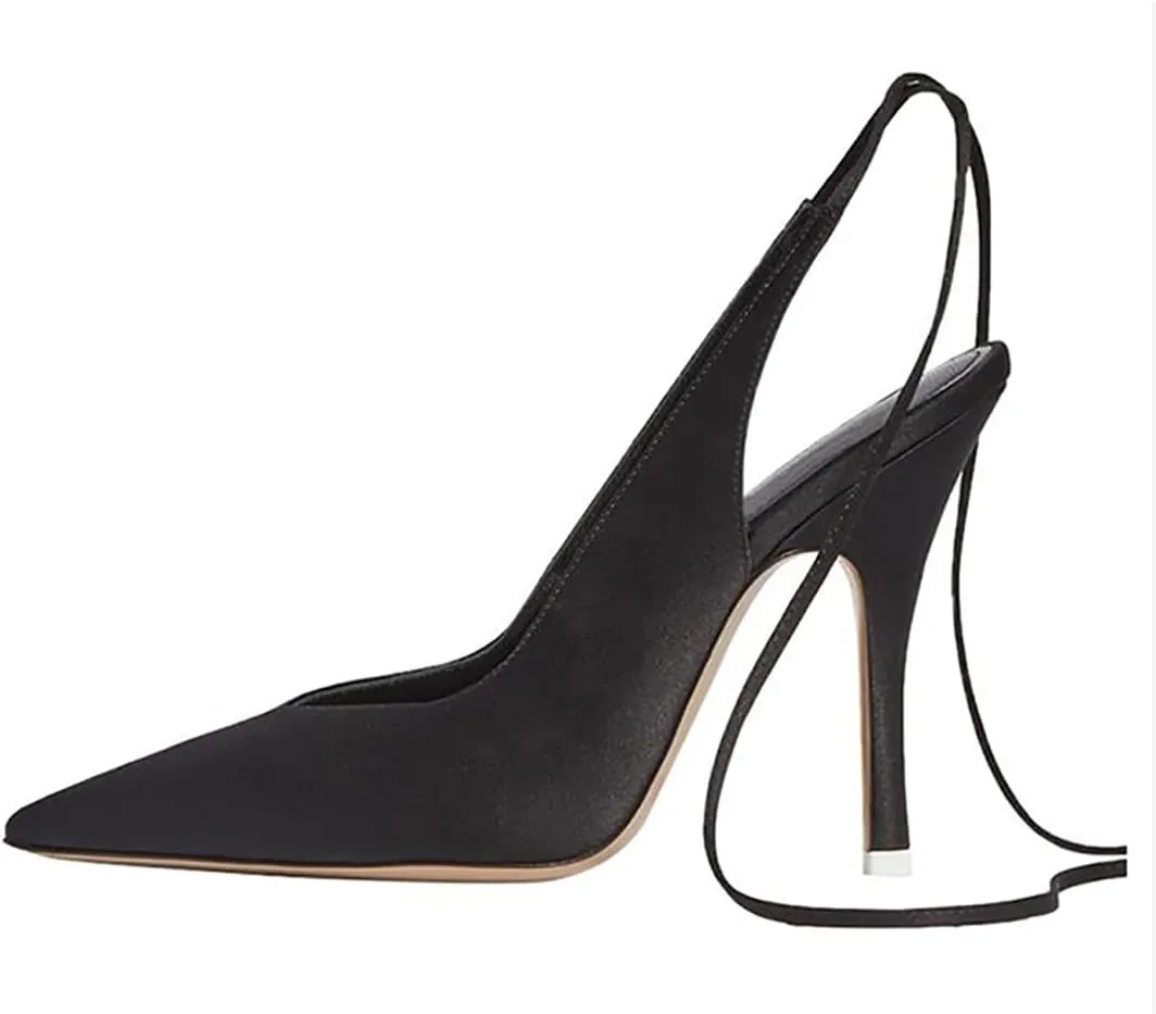 LEMUTISME Women's Sexy Pointed Toe Pumps Summer Lace-up Satin Stiletto High Heels Dressy Slingback Shoes for Party Evening