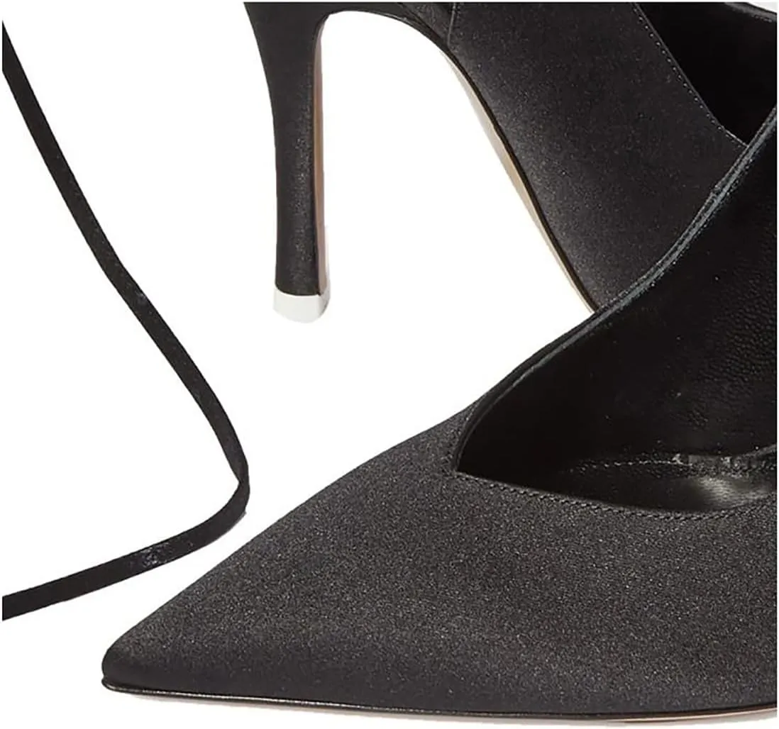 LEMUTISME Women's Sexy Pointed Toe Pumps Summer Lace-up Satin Stiletto High Heels Dressy Slingback Shoes for Party Evening