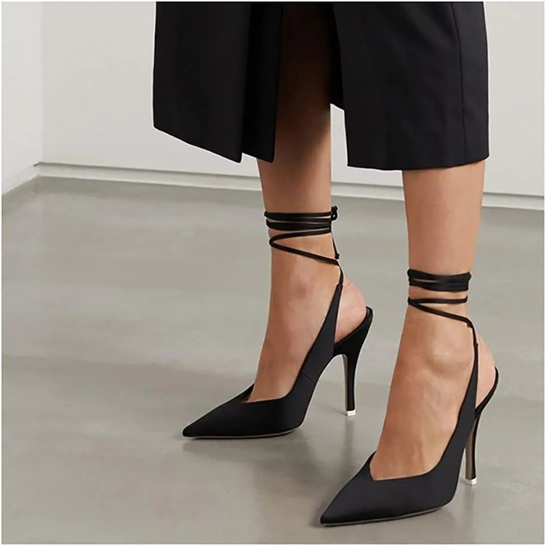 LEMUTISME Women's Sexy Pointed Toe Pumps Summer Lace-up Satin Stiletto High Heels Dressy Slingback Shoes for Party Evening