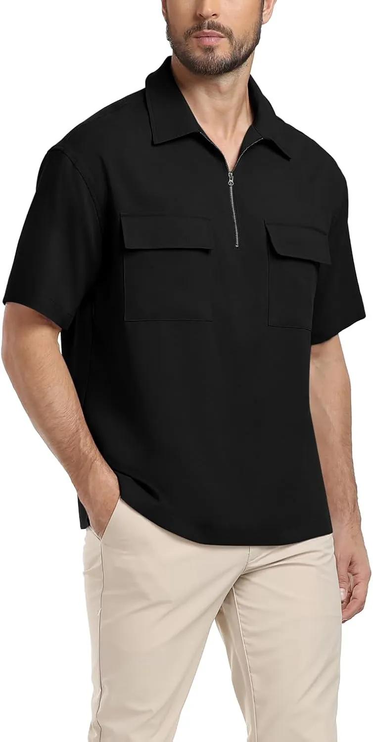Lepunuo Mens Zipper Polo Shirts Linen Casual Short Sleeve Shirts Loose Fit T Shirts with Cargo Pockets