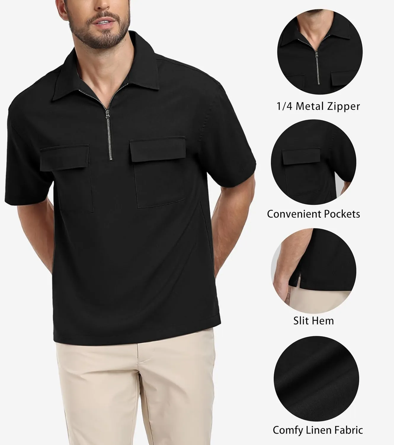 Lepunuo Mens Zipper Polo Shirts Linen Casual Short Sleeve Shirts Loose Fit T Shirts with Cargo Pockets