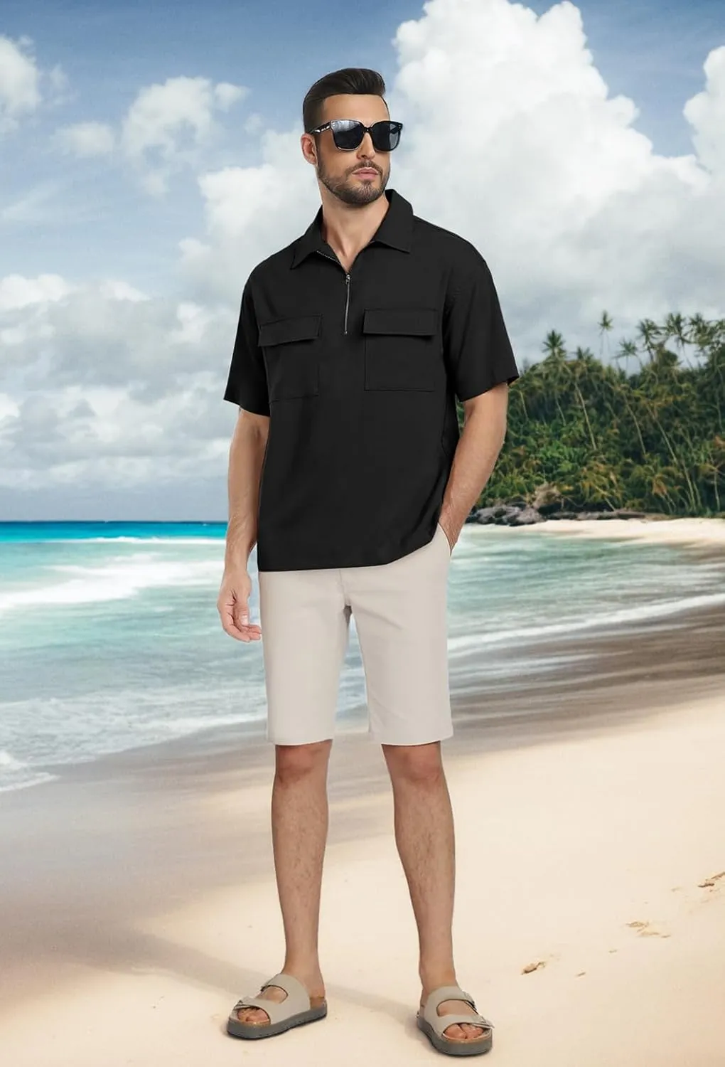 Lepunuo Mens Zipper Polo Shirts Linen Casual Short Sleeve Shirts Loose Fit T Shirts with Cargo Pockets