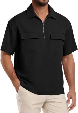 Lepunuo Mens Zipper Polo Shirts Linen Casual Short Sleeve Shirts Loose Fit T Shirts with Cargo Pockets