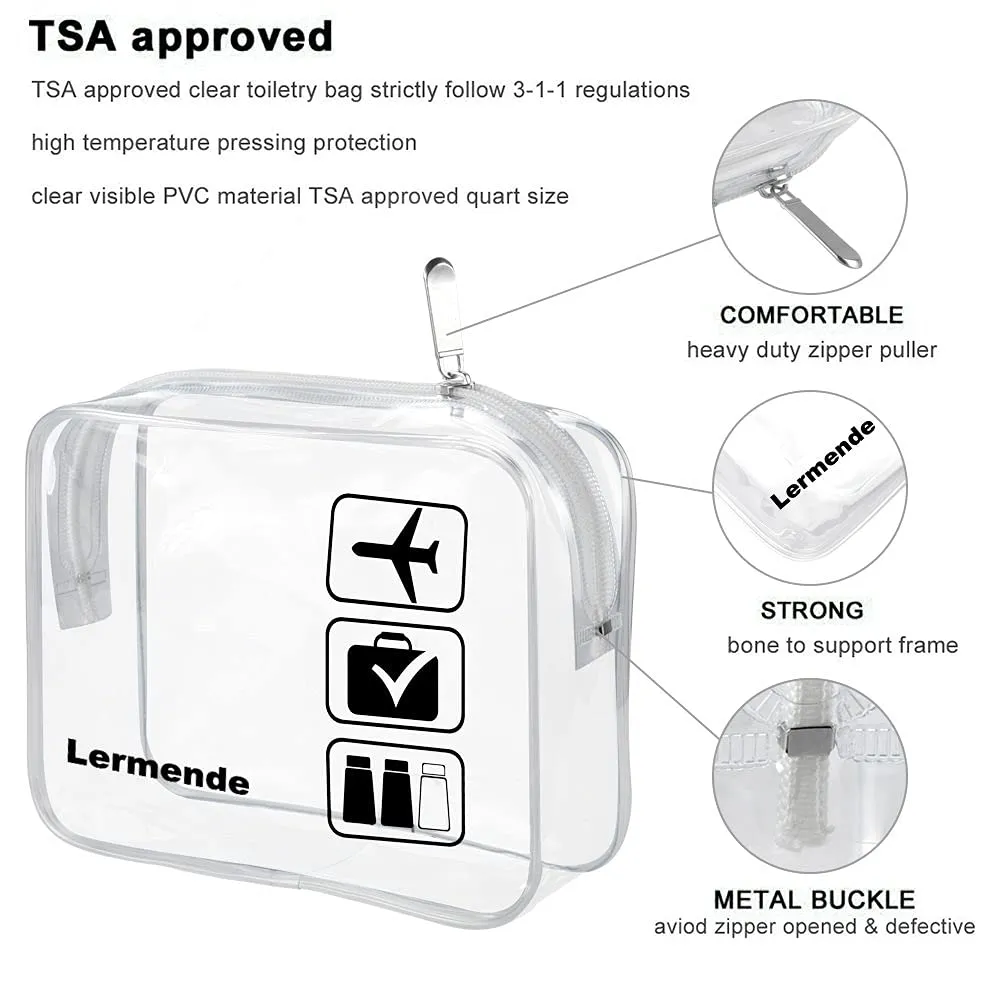 Lermende 2pcs Clear Toiletry Bag TSA Approved Travel Bag,Carry On for Travel,Airport Airline Accessories Compliant Bag,Quart Sized Makeup Cosmetic bag Women Men (Clear, 3 Pack)