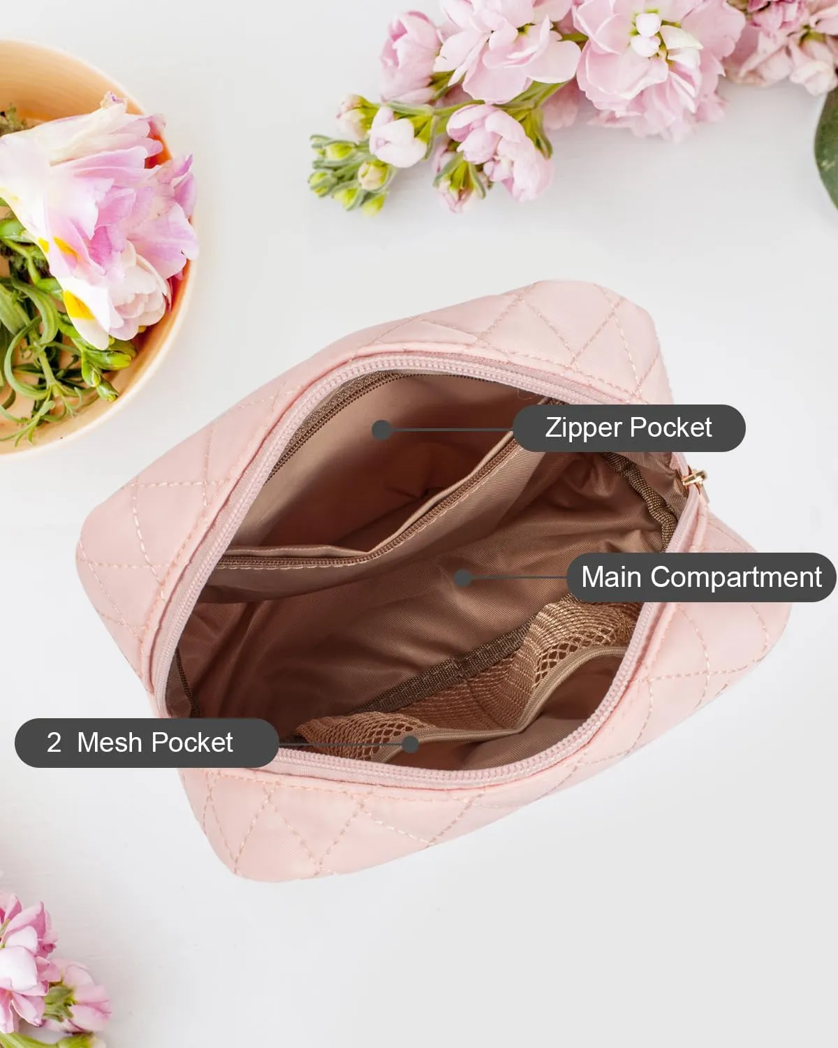 LETGO Makeup Bag Travel Cosmetic Bag,Small Make Up Bags for Women Makeup Organizer Case, Toiletry Bag Quilted Make Up Bags Travel Essentials Toiletries Accessories (Pink)
