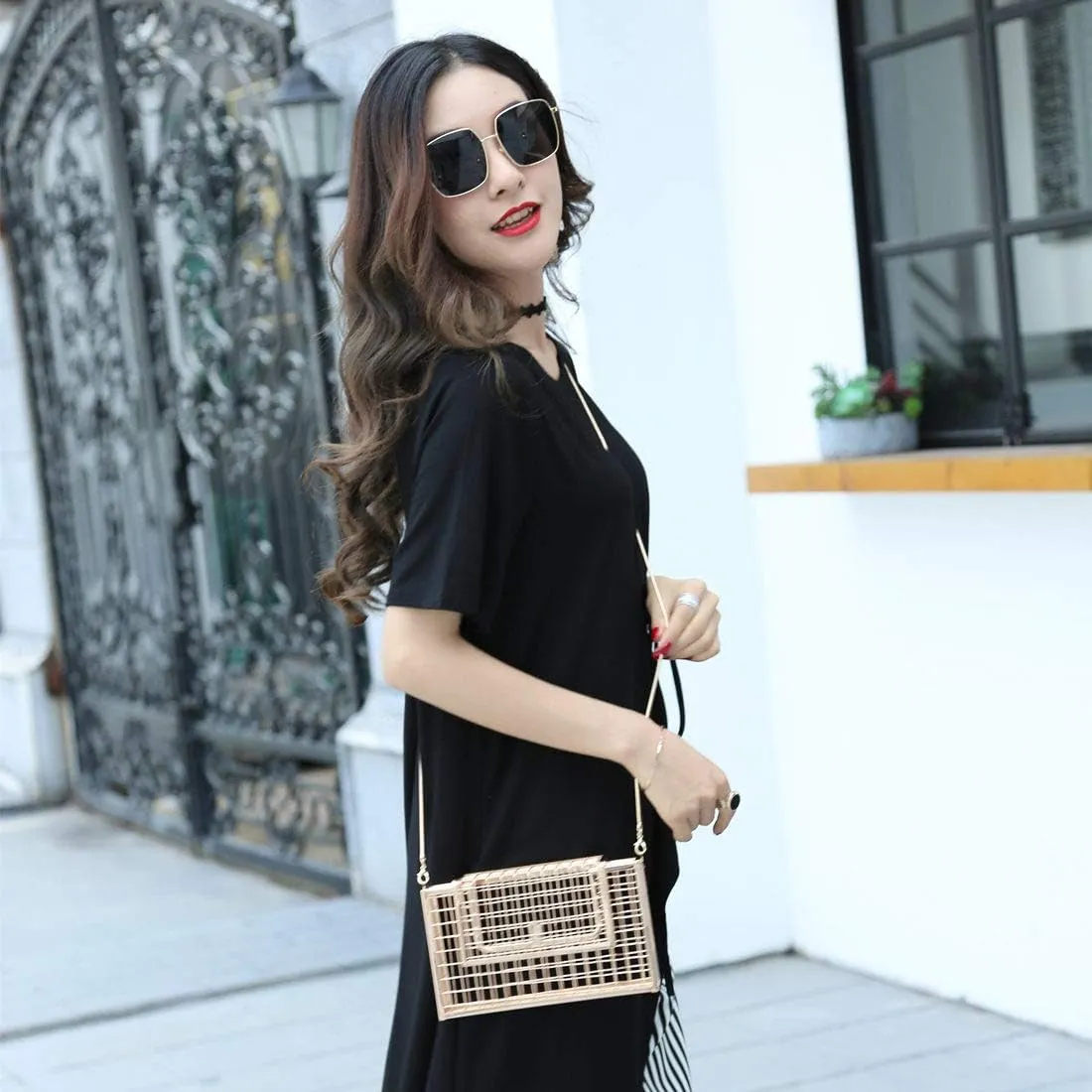 LETODE Women's Elegant Chain Cross-body Bag Metal Hollow Cage Clutch