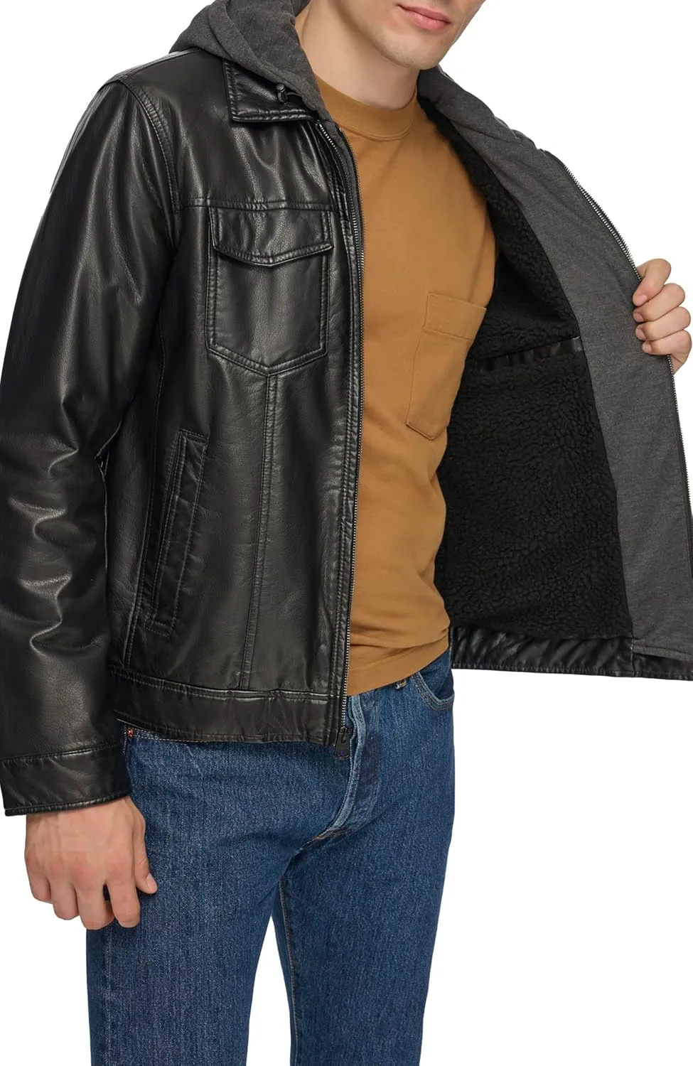Levi's Mens Faux Leather Hooded Trucker Jacket with Sherpa Lining (Regular & Big & Tall Sizes)