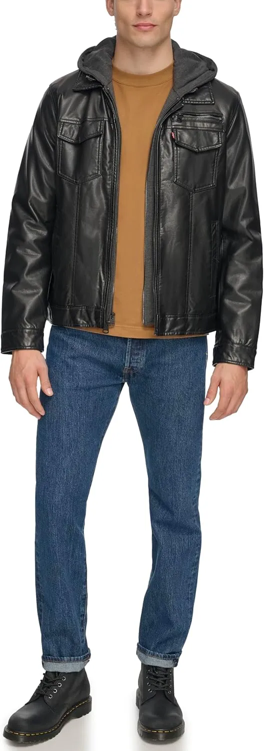 Levi's Mens Faux Leather Hooded Trucker Jacket with Sherpa Lining (Regular & Big & Tall Sizes)
