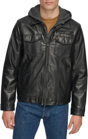 Levi's Mens Faux Leather Hooded Trucker Jacket with Sherpa Lining (Regular & Big & Tall Sizes)