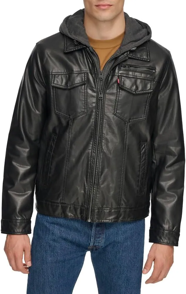 Levi's Mens Faux Leather Hooded Trucker Jacket with Sherpa Lining (Regular & Big & Tall Sizes)