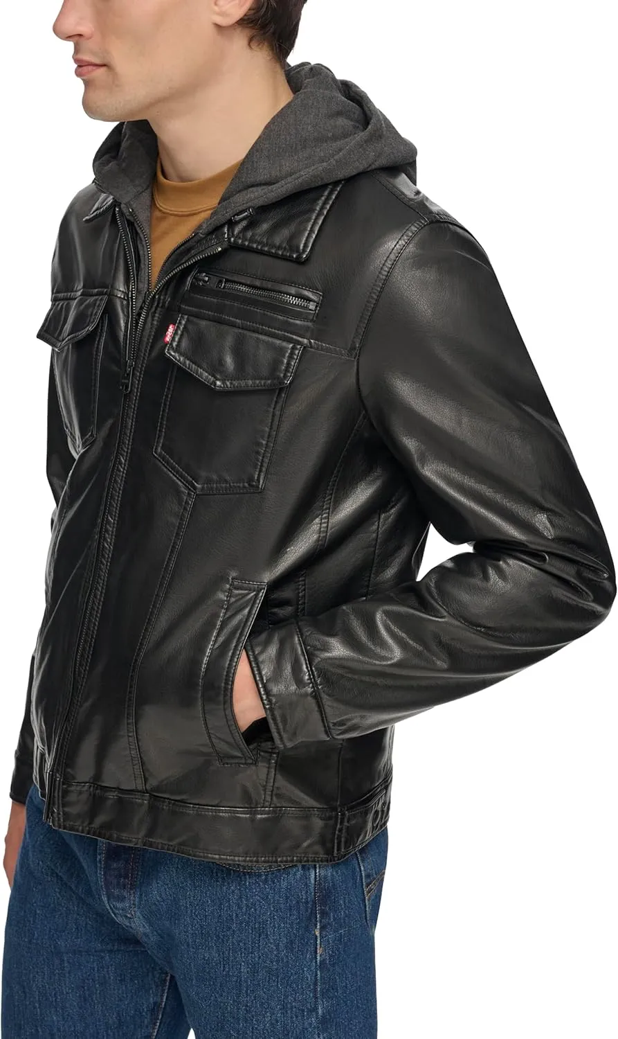 Levi's Mens Faux Leather Hooded Trucker Jacket with Sherpa Lining (Regular & Big & Tall Sizes)