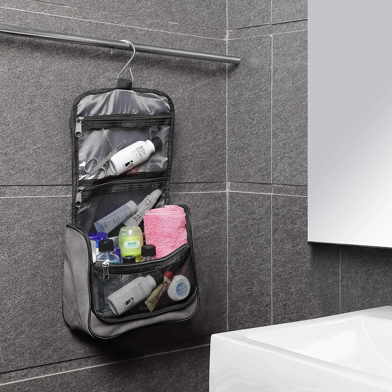 Lewis N. Clark Brushed Twill Hanging Toiletry Kit Bag for Travel Accessories, Shampoo, Cosmetics   Personal Items, Gray, One_Size