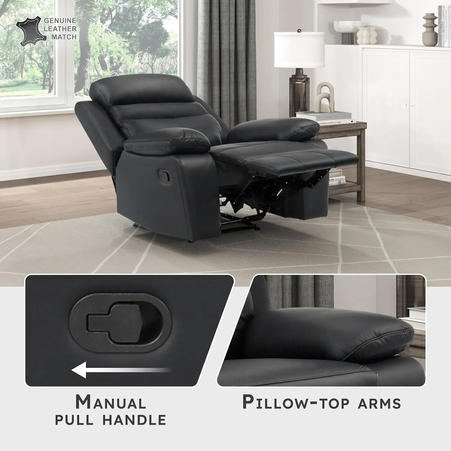 Lexicon 41" W Manual Reclining Chair, Top Grain Leather Match Recliner, Home Theater Seating, Wall Hugger Recliner, Manual Reclining Sofa Chair for Living Room/Office/Apartment, Black