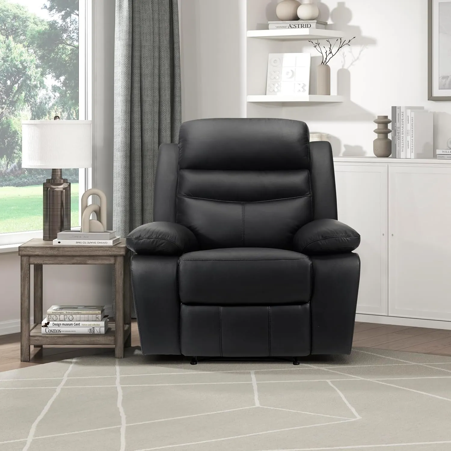 Lexicon 41" W Manual Reclining Chair, Top Grain Leather Match Recliner, Home Theater Seating, Wall Hugger Recliner, Manual Reclining Sofa Chair for Living Room/Office/Apartment, Black