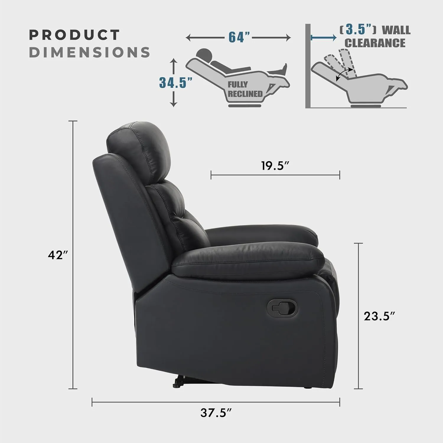 Lexicon 41" W Manual Reclining Chair, Top Grain Leather Match Recliner, Home Theater Seating, Wall Hugger Recliner, Manual Reclining Sofa Chair for Living Room/Office/Apartment, Black