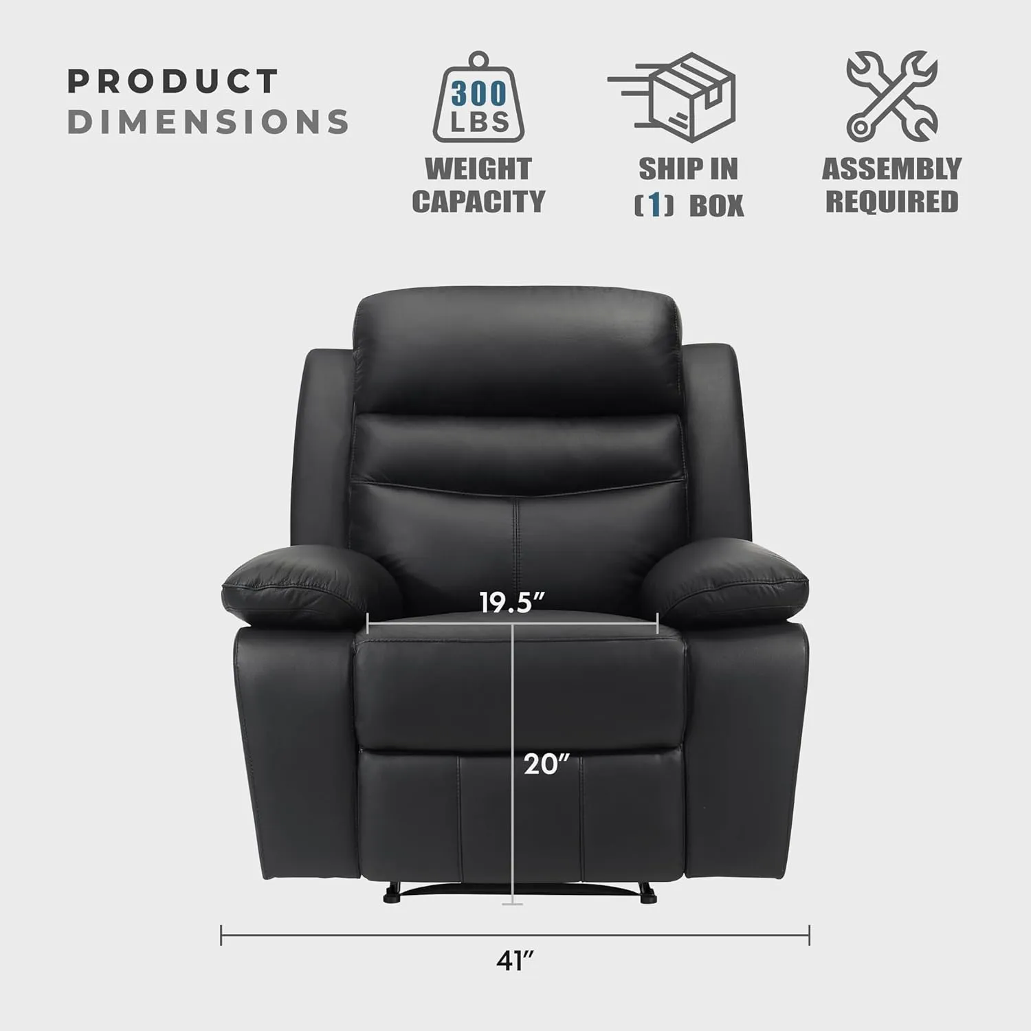 Lexicon 41" W Manual Reclining Chair, Top Grain Leather Match Recliner, Home Theater Seating, Wall Hugger Recliner, Manual Reclining Sofa Chair for Living Room/Office/Apartment, Black