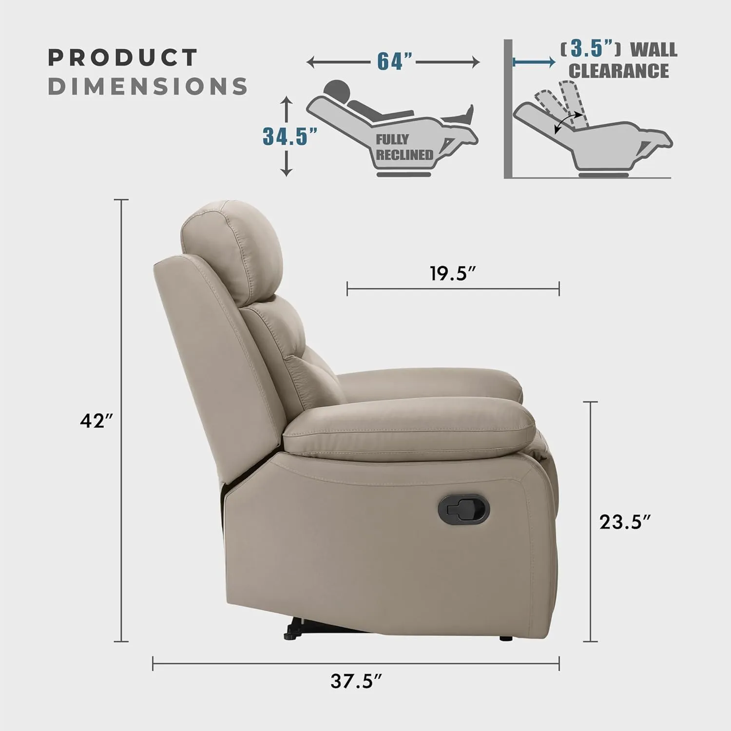 Lexicon 41" W Manual Reclining Chair, Top Grain Leather Match Recliner, Home Theater Seating, Wall Hugger Recliner, Manual Reclining Sofa Chair for Living Room/Office/Apartment, Latte