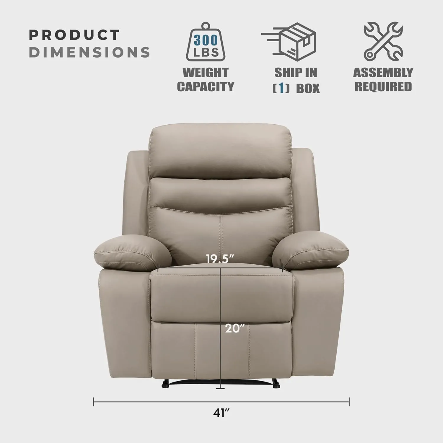 Lexicon 41" W Manual Reclining Chair, Top Grain Leather Match Recliner, Home Theater Seating, Wall Hugger Recliner, Manual Reclining Sofa Chair for Living Room/Office/Apartment, Latte