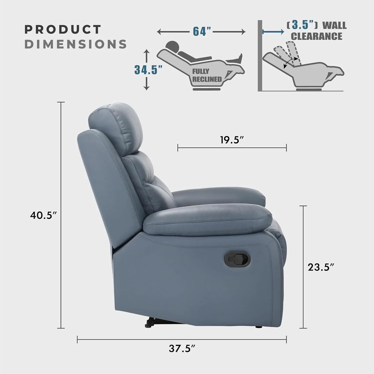 Lexicon 86.5" W Manual Reclining Sofa, Top Grain Leather Match Reclining Sofa, Home Theater Seating, Wall Hugger Recliner Couch, Manual Double Recliner RV Couch for Living Room, Blue