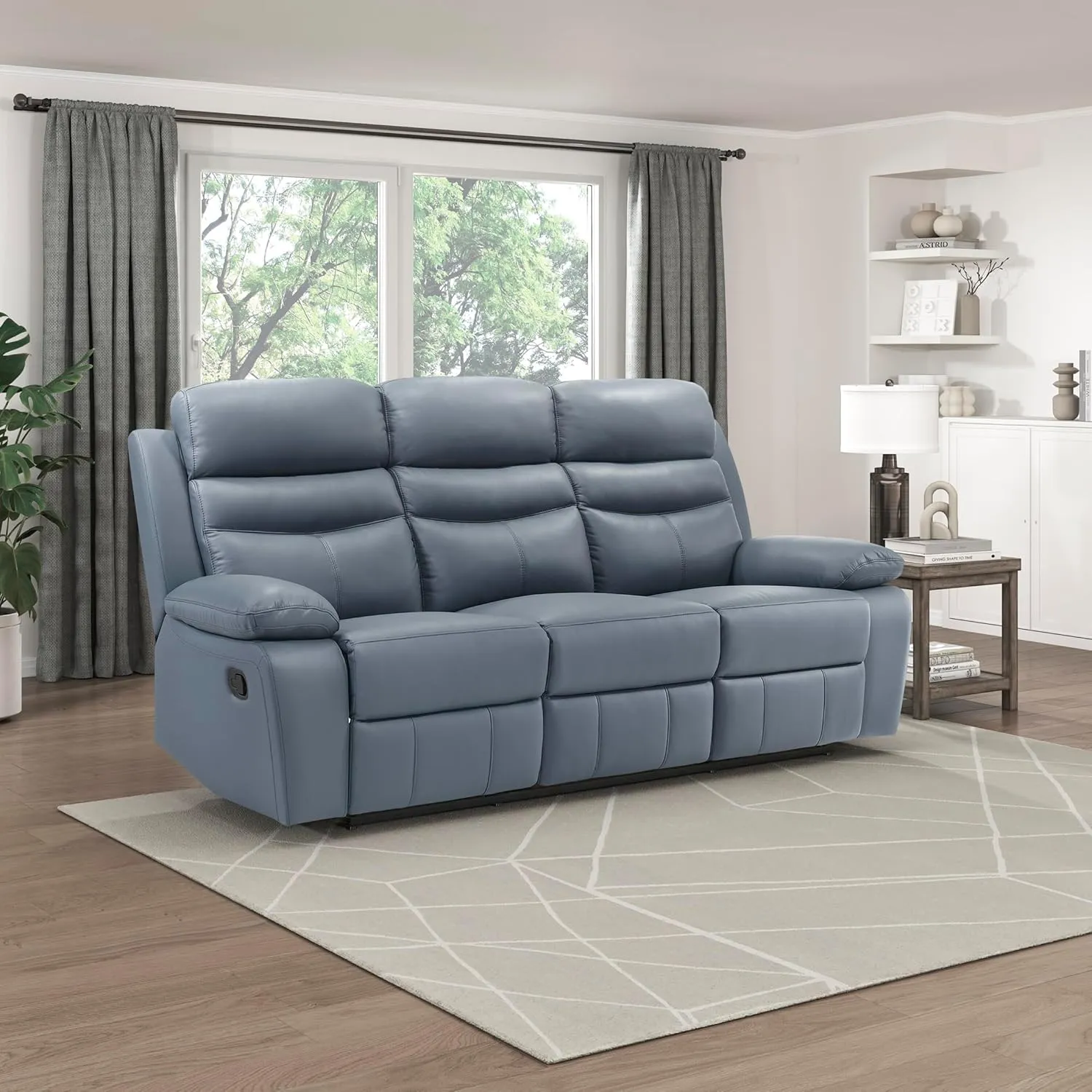 Lexicon 86.5" W Manual Reclining Sofa, Top Grain Leather Match Reclining Sofa, Home Theater Seating, Wall Hugger Recliner Couch, Manual Double Recliner RV Couch for Living Room, Blue
