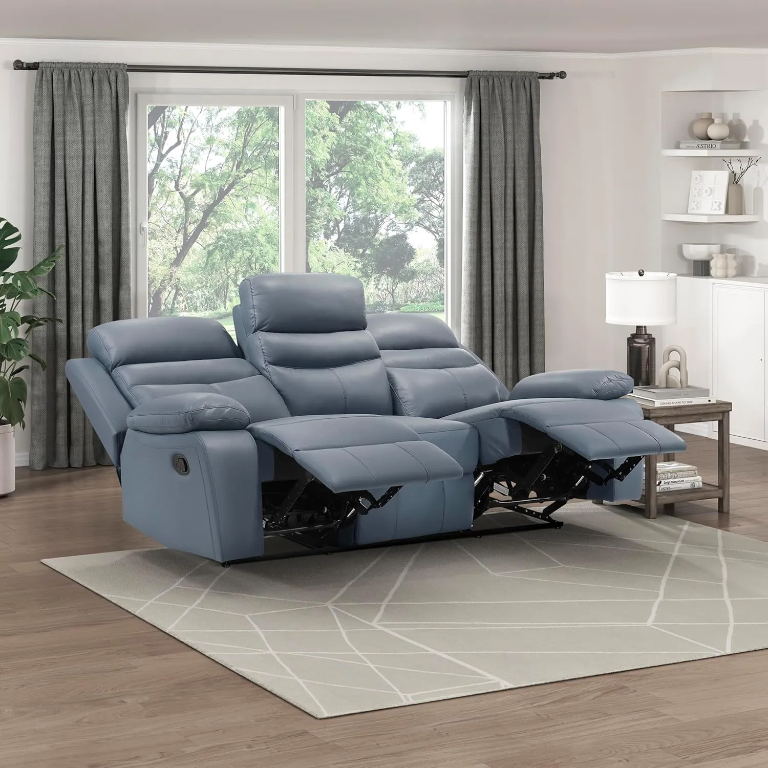 Lexicon 86.5" W Manual Reclining Sofa, Top Grain Leather Match Reclining Sofa, Home Theater Seating, Wall Hugger Recliner Couch, Manual Double Recliner RV Couch for Living Room, Blue