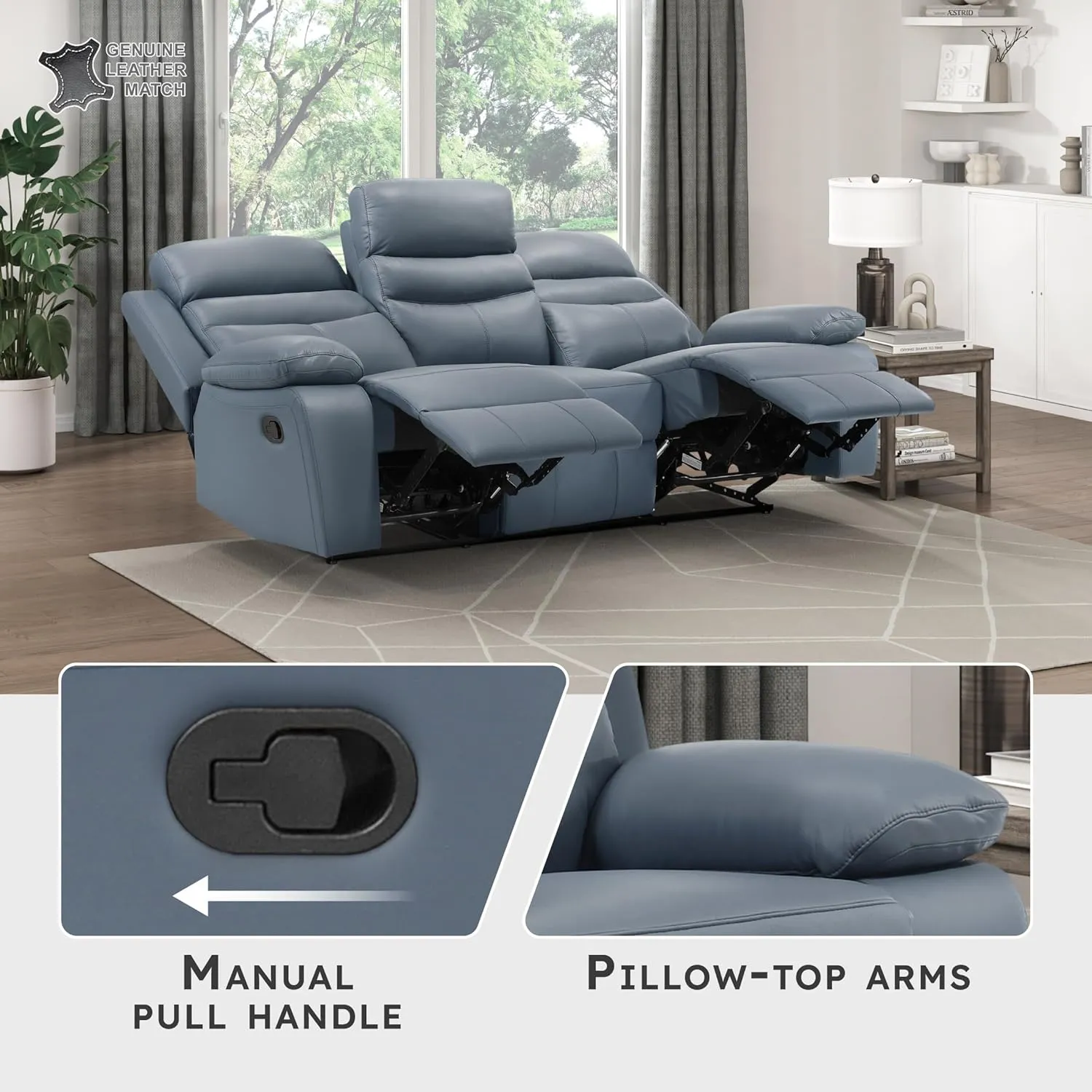 Lexicon 86.5" W Manual Reclining Sofa, Top Grain Leather Match Reclining Sofa, Home Theater Seating, Wall Hugger Recliner Couch, Manual Double Recliner RV Couch for Living Room, Blue